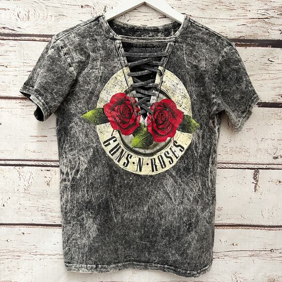 GUNS N ROSES Distressed Style V-Neck Tie Shirt Sz S - Picture 1 of 3